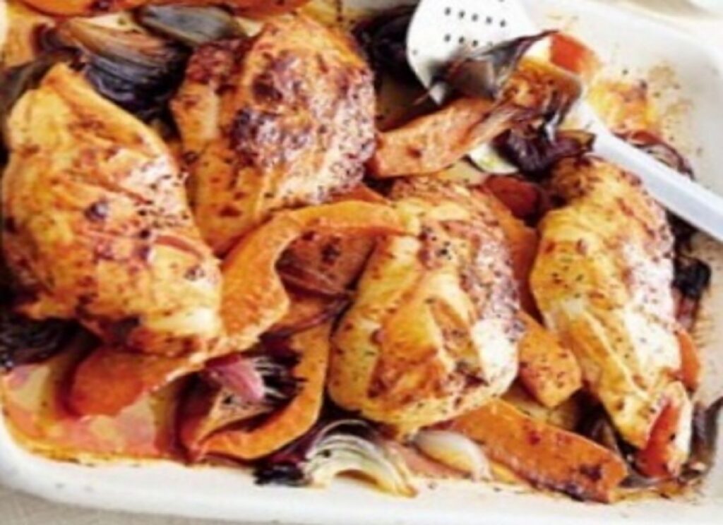 Harissa chicken & squash traybake