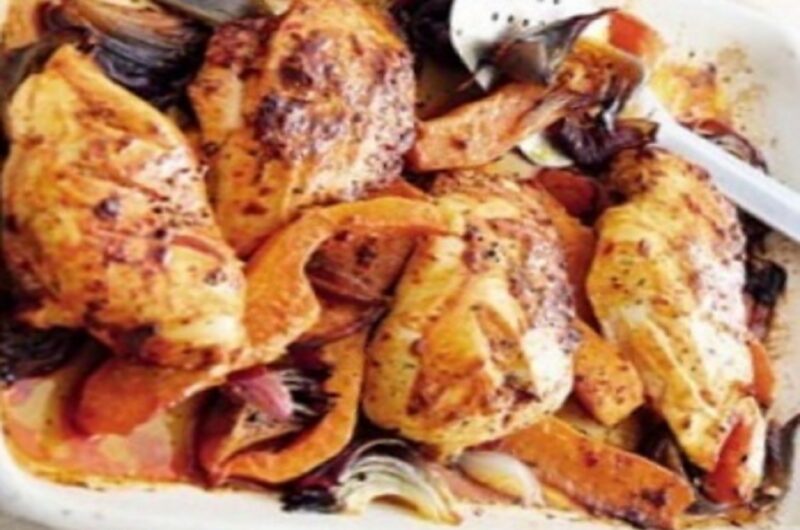 Harissa chicken & squash traybake