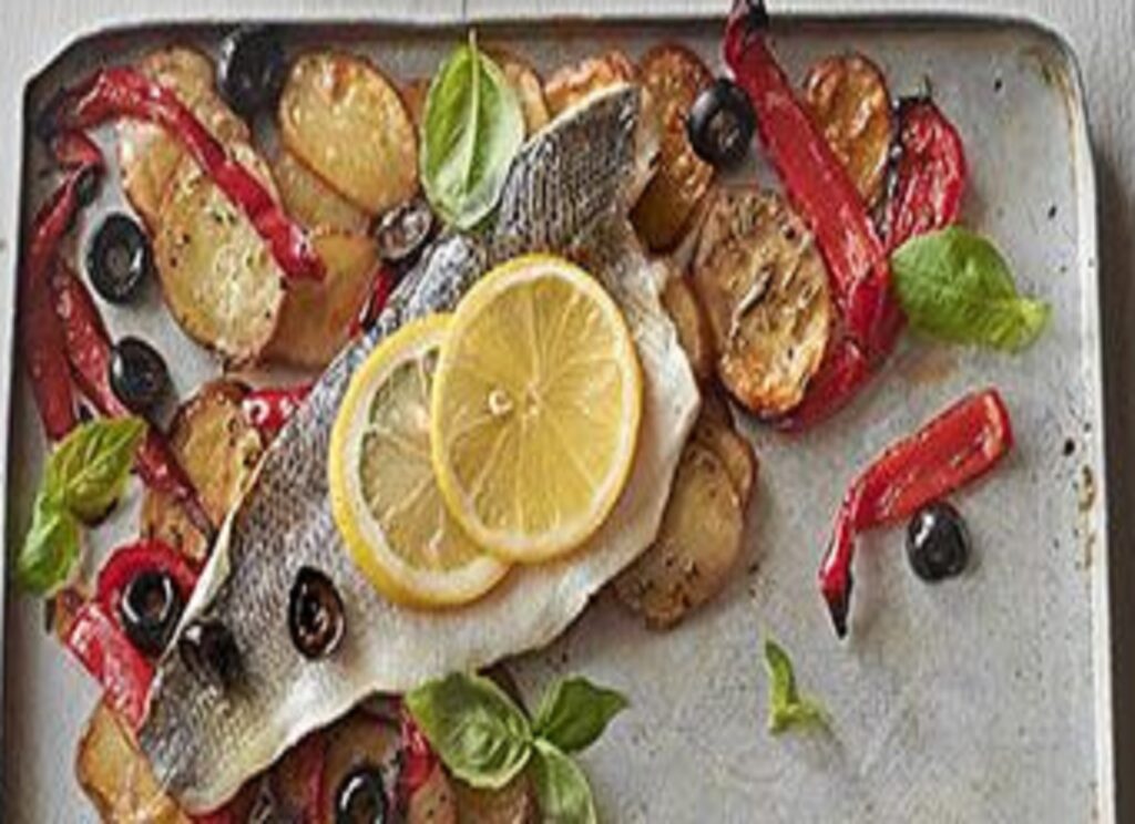 Roast sea bass & vegetable traybake