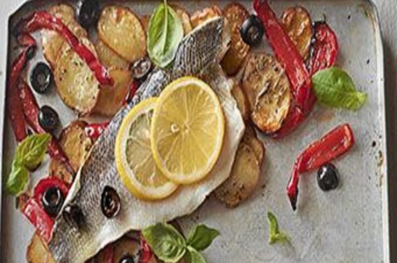 Roast sea bass & vegetable traybake