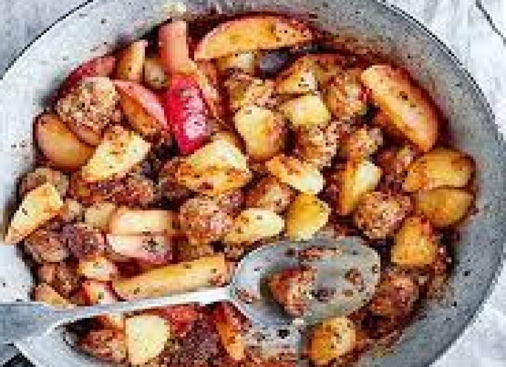 Sausage, mustard and apple hash