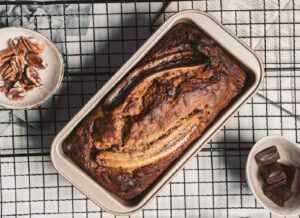 Banana loaf with peanut butter and chocolate