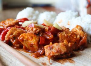 Chicken curry served with rice